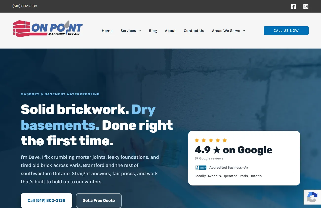 Screenshot of the On Point Masonry Repair website